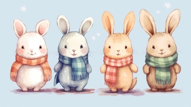 Um desenho animado de coelhos usando um cachecol