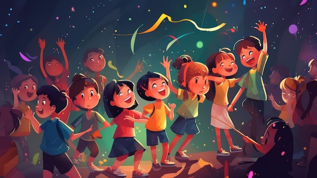 Um desenho animado de crianças brincando com fogos de artifício no escuro