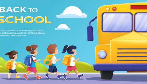 um desenho animado de crianças com mochilas caminhando para a escola com um ônibus escolar ao fundo