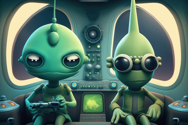 Um desenho animado de dois alienígenas sentados em uma nave