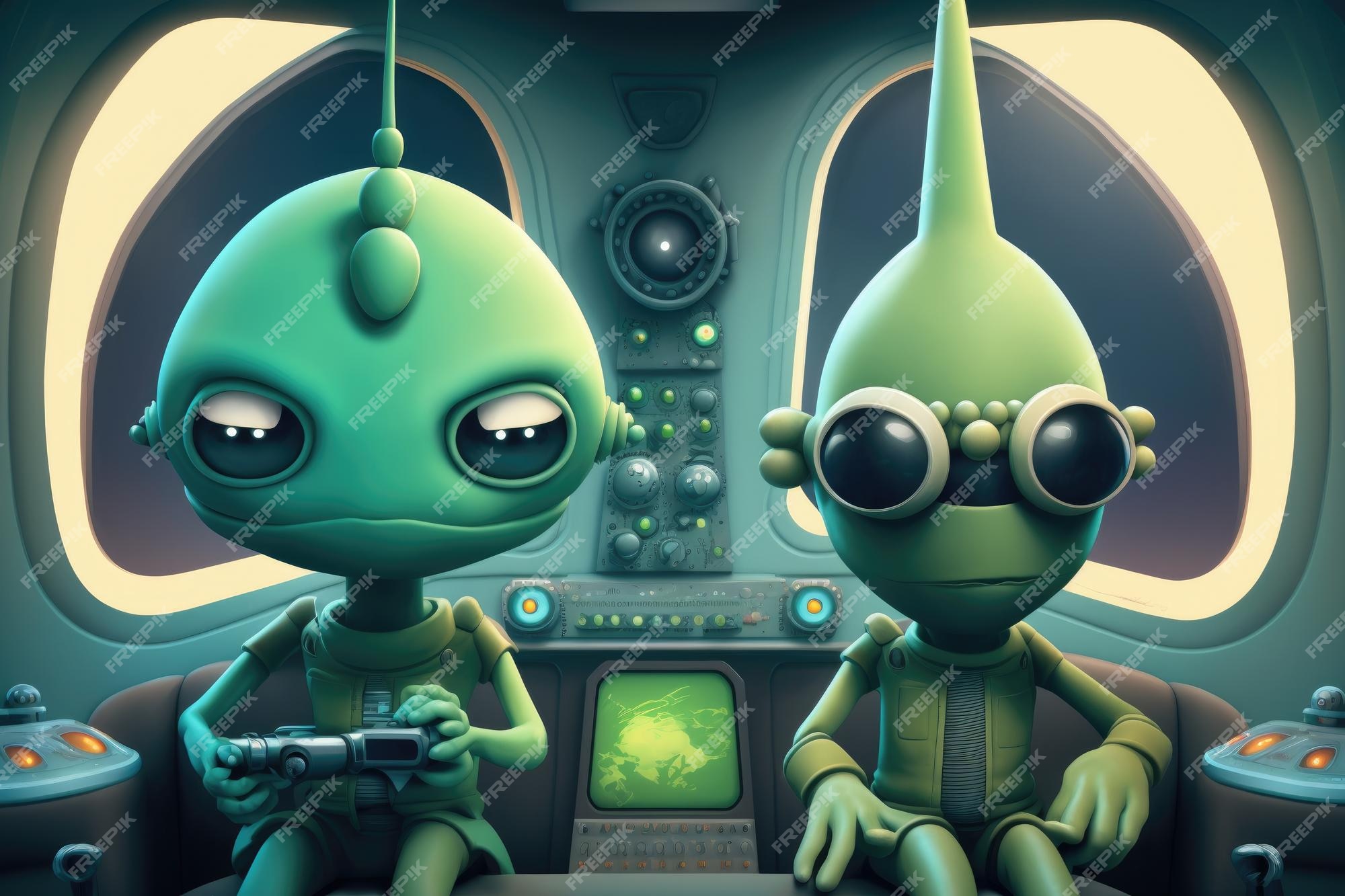 Um desenho animado de dois alienígenas sentados em uma nave espacial com um  controlador de jogo na tela.