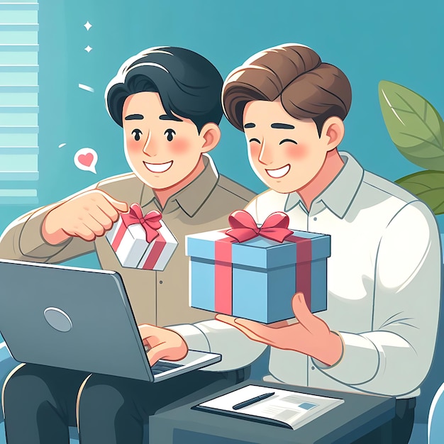 um desenho animado de dois homens com um laptop e um presente
