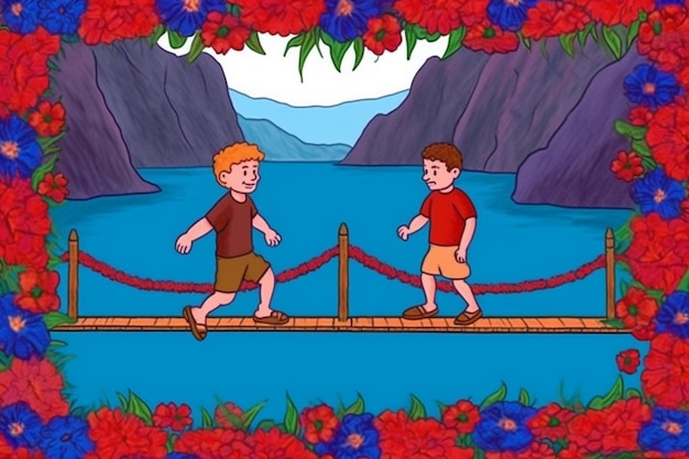 Um desenho animado de dois meninos atravessando uma ponte com uma flor vermelha.