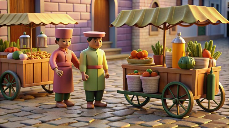 Foto um desenho animado de duas pessoas com um carrinho com frutas