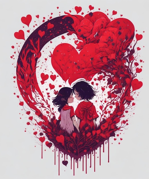 Um desenho animado de duas pessoas se beijando na frente de um coração em forma de coração.