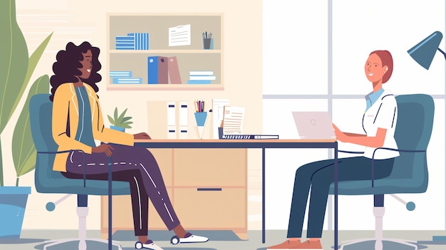 um desenho animado de duas pessoas sentadas em uma mesa com uma mulher sentada em uma mesa e um homem com um laptop e uma mulher sentado na frente dele
