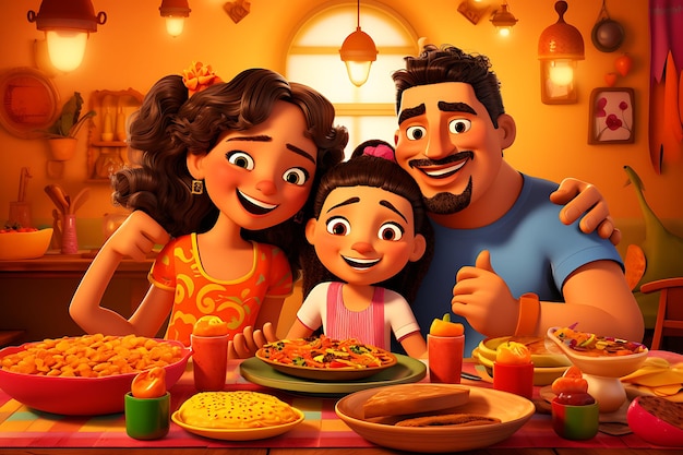 um desenho animado de família está comendo pizza e sorrindo para a câmera