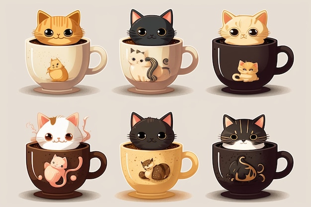 Um desenho animado de gatos em xícaras.