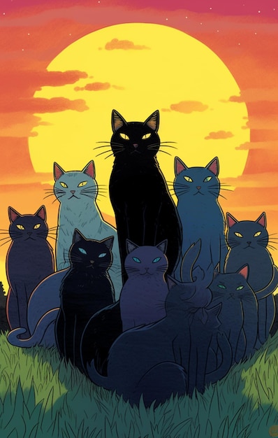 Um desenho animado de gatos pretos com olhos amarelos e olhos azuis.