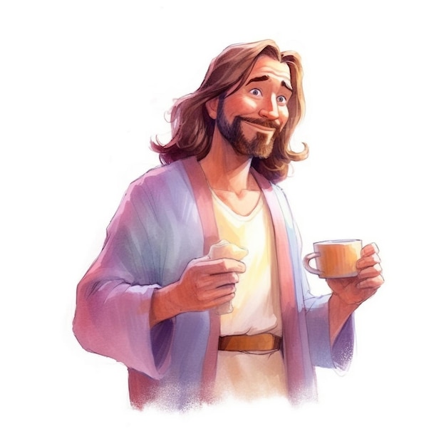 Um desenho animado de Jesus segurando uma xícara de café e uma xícara de café.