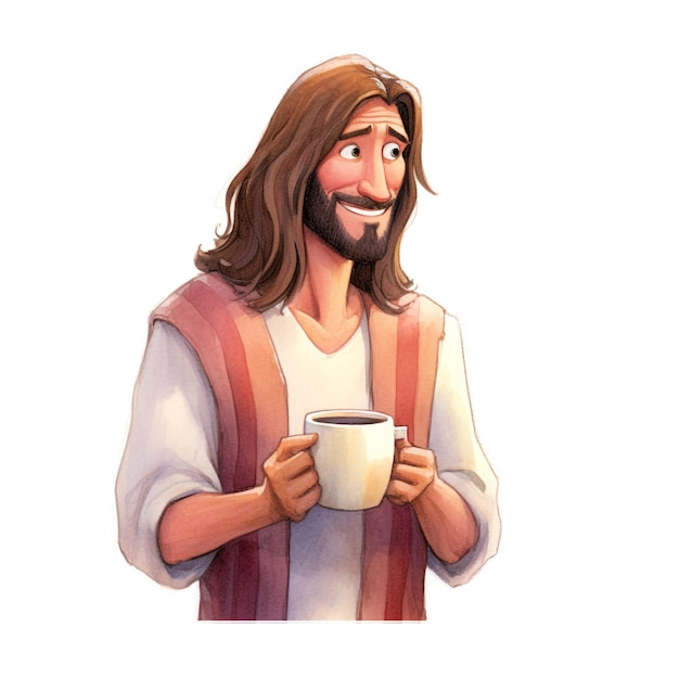 Um desenho animado de Jesus segurando uma xícara de café
