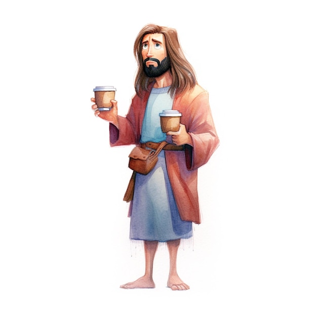 Foto um desenho animado de jesus segurando xícaras de café nas mãos.