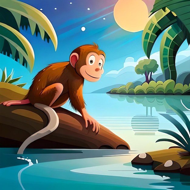 Um desenho animado de macacos virando a cabeça para a câmera e sentados perto do rio 01