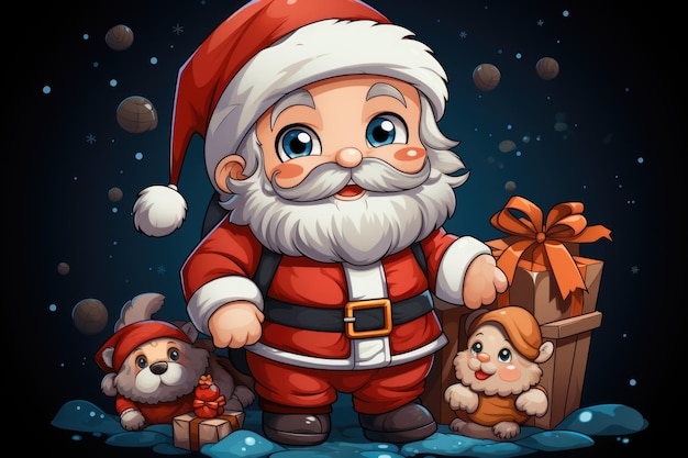 Um desenho animado de Papai Noel de pé ao lado de um ursinho de pelúcia Desenho de cartão de Natal