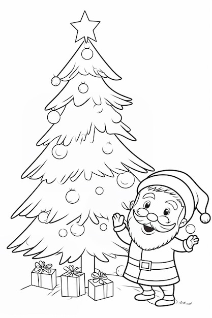 um desenho animado de papai noel parado ao lado de uma árvore de natal generativa ai