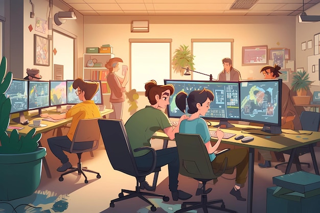 Um desenho animado de pessoas trabalhando em um laboratório de informática com um jogo na tela.
