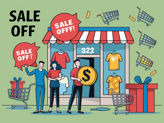 Foto um desenho animado de pessoas vendendo camisetas e camisetas para venda