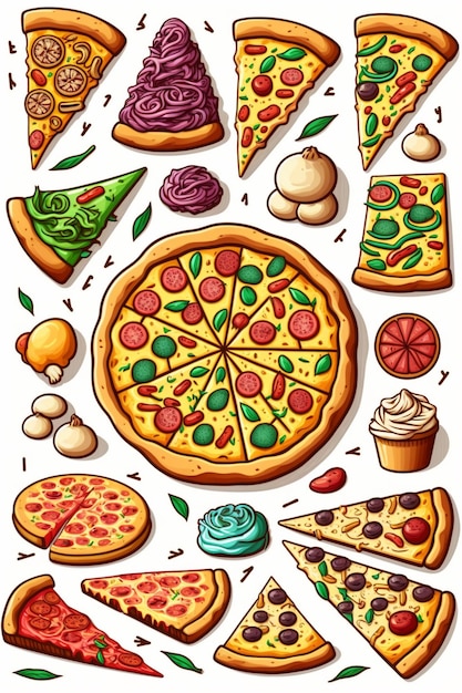 Foto um desenho animado de pizza e pizzas.