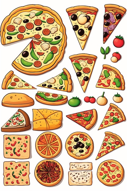 Foto um desenho animado de pizzas e pizzas que estão em um fundo branco.