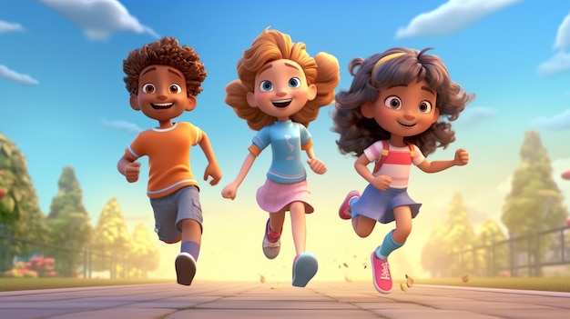 Foto um desenho animado de três crianças correndo na calçada.