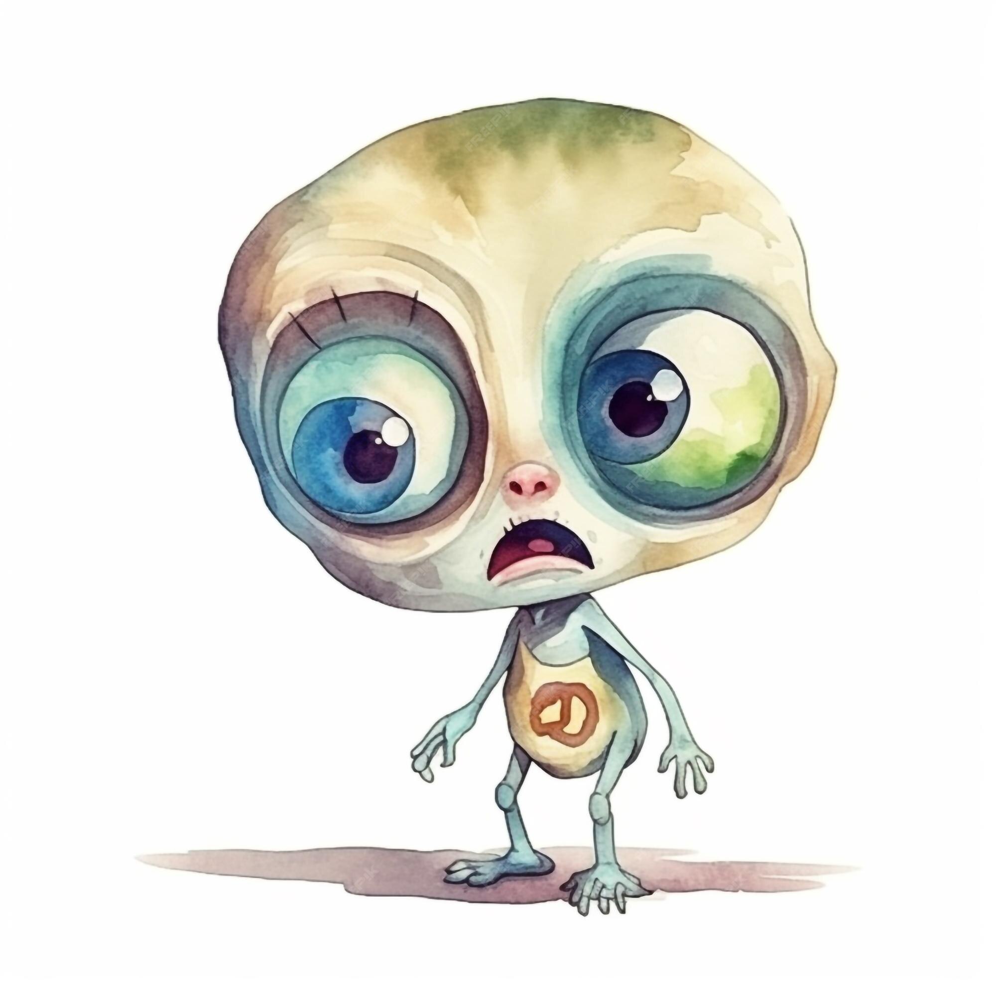 Personagem de desenho animado de um alienígena azul com olhos grandes em um  fundo branco