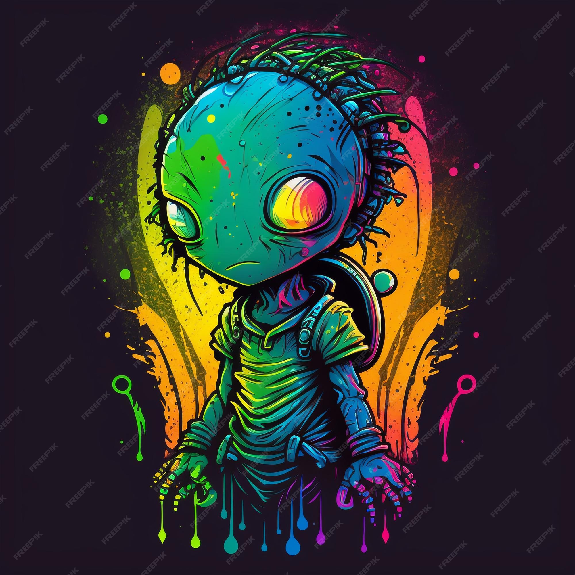 Um desenho animado de um alienígena com uma cabeça colorida