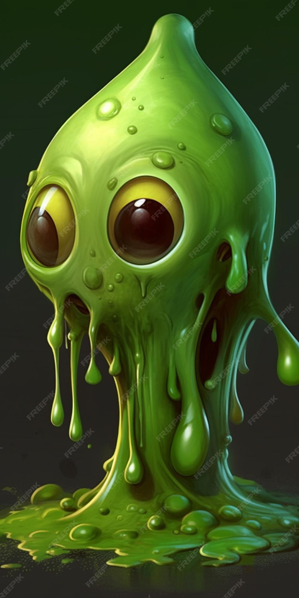 Um desenho de um alienígena verde com olhos roxos.