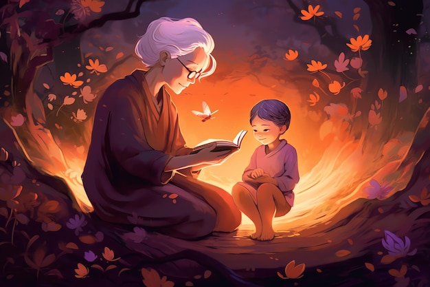 Um desenho animado de um avô lendo um livro com uma garota