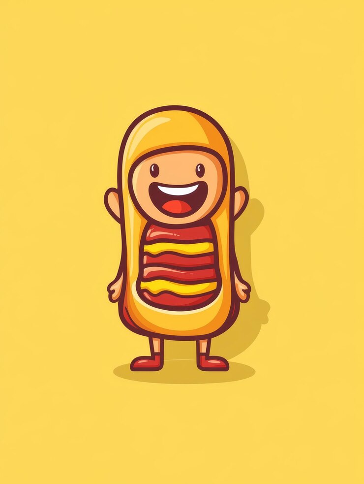 Foto um desenho animado de um cachorro-quente com um grande sorriso