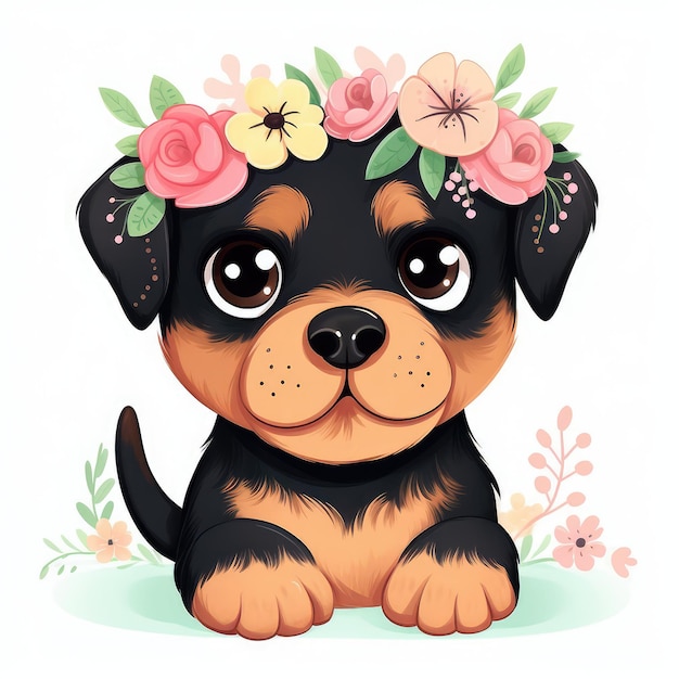 Um desenho animado de um cachorro usando uma coroa de flores.