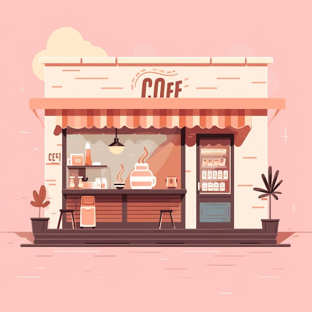 Um desenho animado de um café com um toldo rosa.