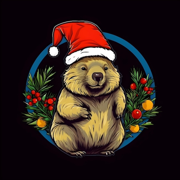 Um desenho animado de um castor usando um chapéu de Papai Noel