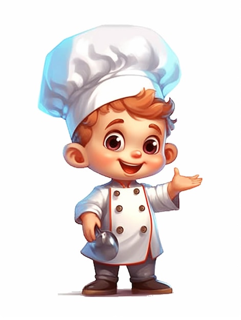 Um desenho animado de um chef bebê com um chapéu branco e um chapéu branco.