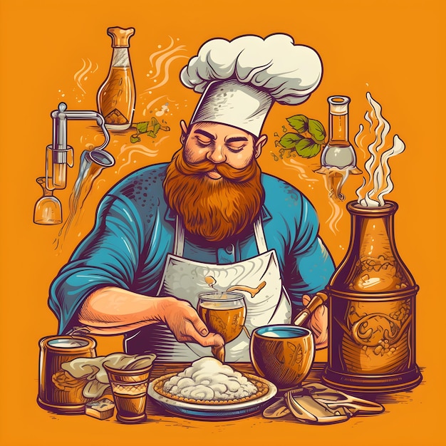 Um desenho animado de um chef com barba e um chapéu branco na cabeça.