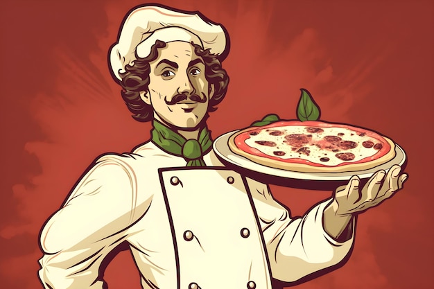 Um desenho animado de um chef segurando uma pizza em uma bandeja.