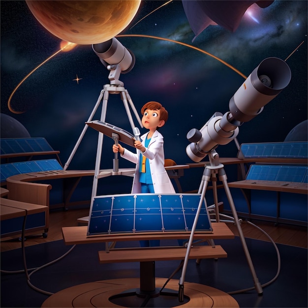 Foto um desenho animado de um cientista olhando através de um telescópio.