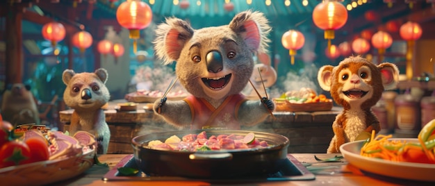 Foto um desenho animado de um coala e dois macacos comendo shabu suki a cena é alegre e divertida