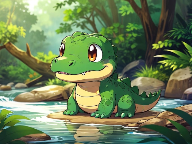 um desenho animado de um crocodilo com uma camisa verde e um rio ao fundo