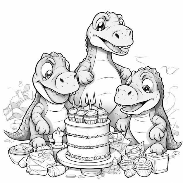 Um desenho animado de um dinossauro com um bolo de aniversário.
