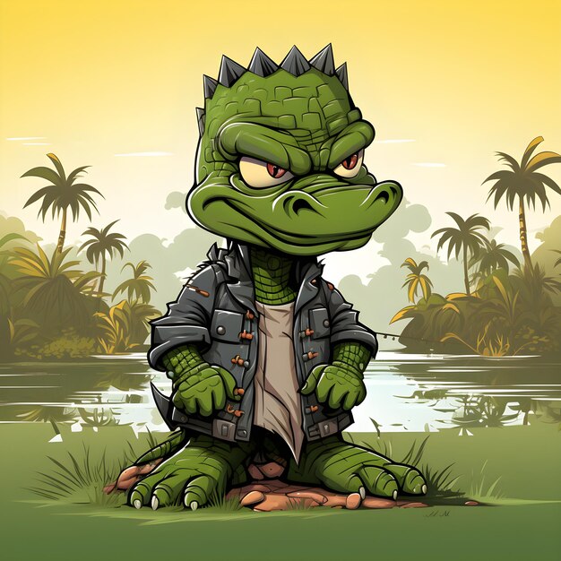 um desenho animado de um dinossauro com uma jaqueta que diz crocodilo nele
