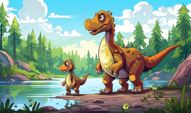 Foto um desenho animado de um dinossauro e dinossauro com um rio no fundo