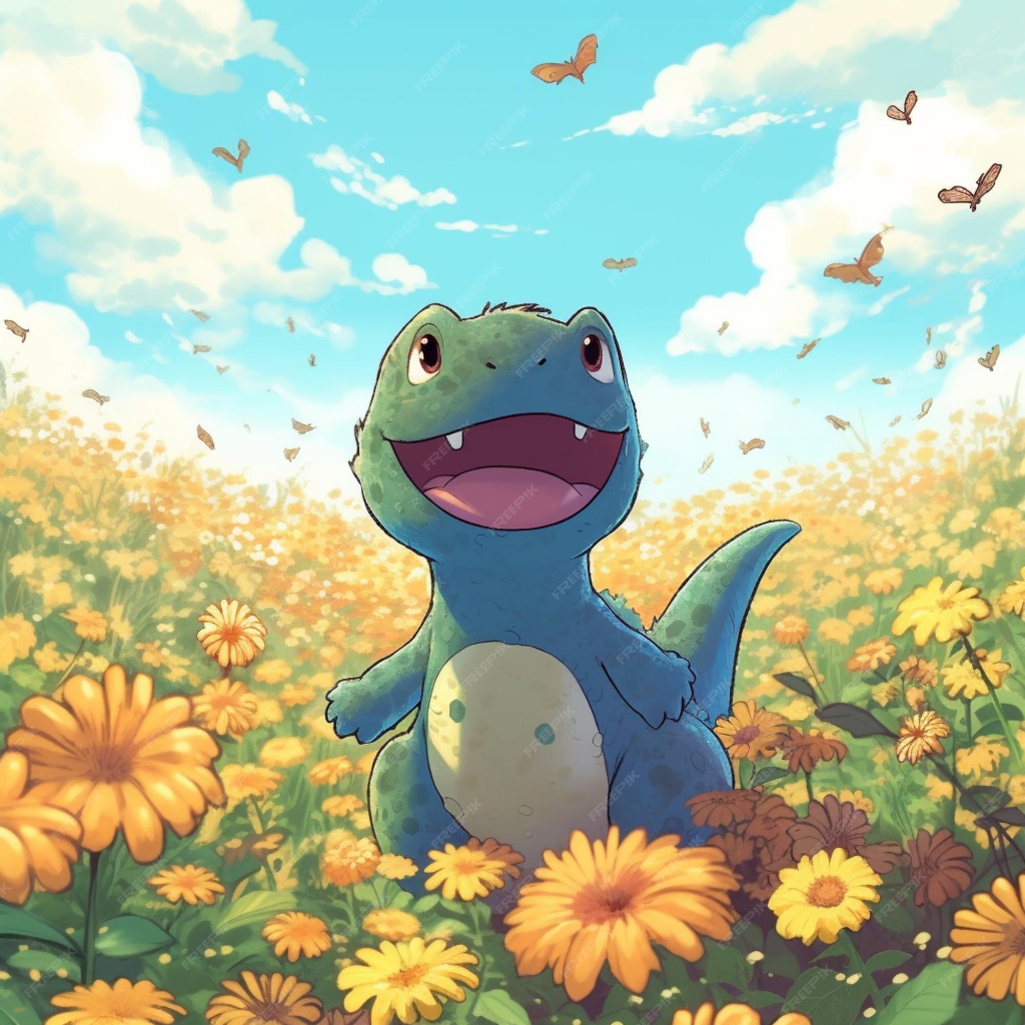 Um desenho de um personagem pokémon fofo com flores no fundo