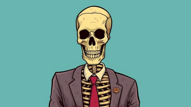 Um desenho animado de um esqueleto vestindo terno e gravata