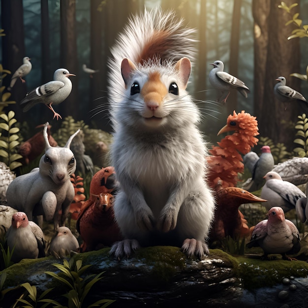 Um desenho animado de um esquilo com um mohawk e um bando de pássaros ao fundo.