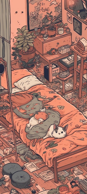 Um desenho animado de um gato dormindo em uma cama.