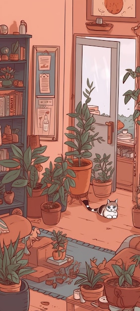 Um desenho animado de um gato em uma sala com vasos de plantas e uma planta.