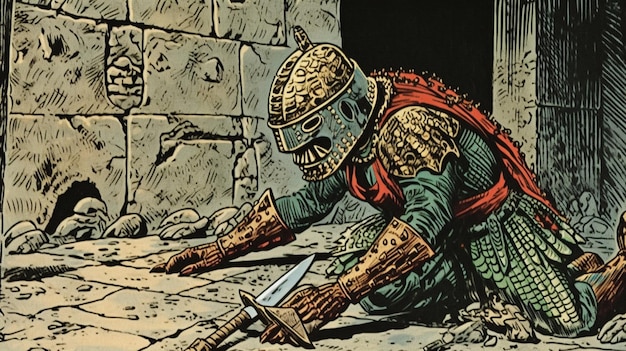 Um desenho animado de um guerreiro com uma espada no peito e um capacete no peito.
