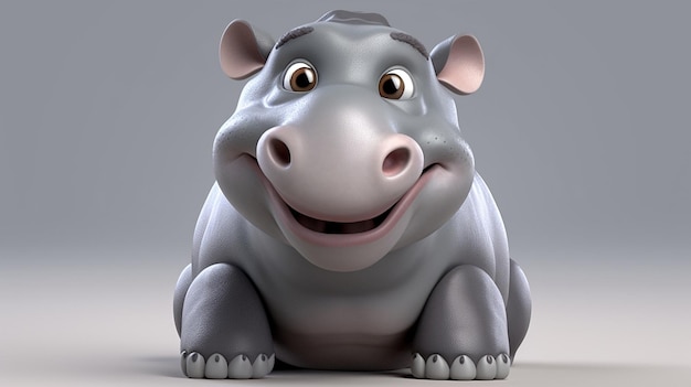 Um desenho animado de um hipopótamo com um grande sorriso no rosto.