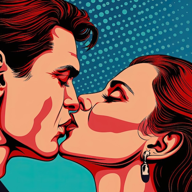 um desenho animado de um homem beijando outra mulher no estilo pop art, imagens ousadas e gráficas