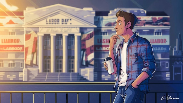 um desenho animado de um homem com uma chávena de café na frente de um edifício